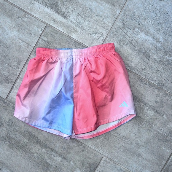 Adidas Kids Running Shorts Pink Blue Tie Dye Athletic Gym Activewear Medium - Picture 1 of 5